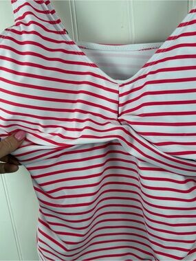 Striped Tankini Swim Top – Red & White Tie Side XL Coastal Summer
